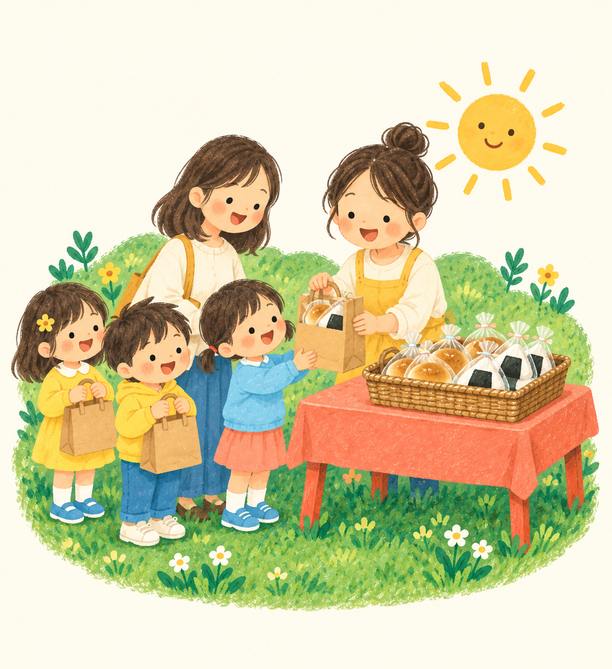 包装したパンやおにぎりを、子どもたちへ笑顔で手渡す活動のイメージイラスト